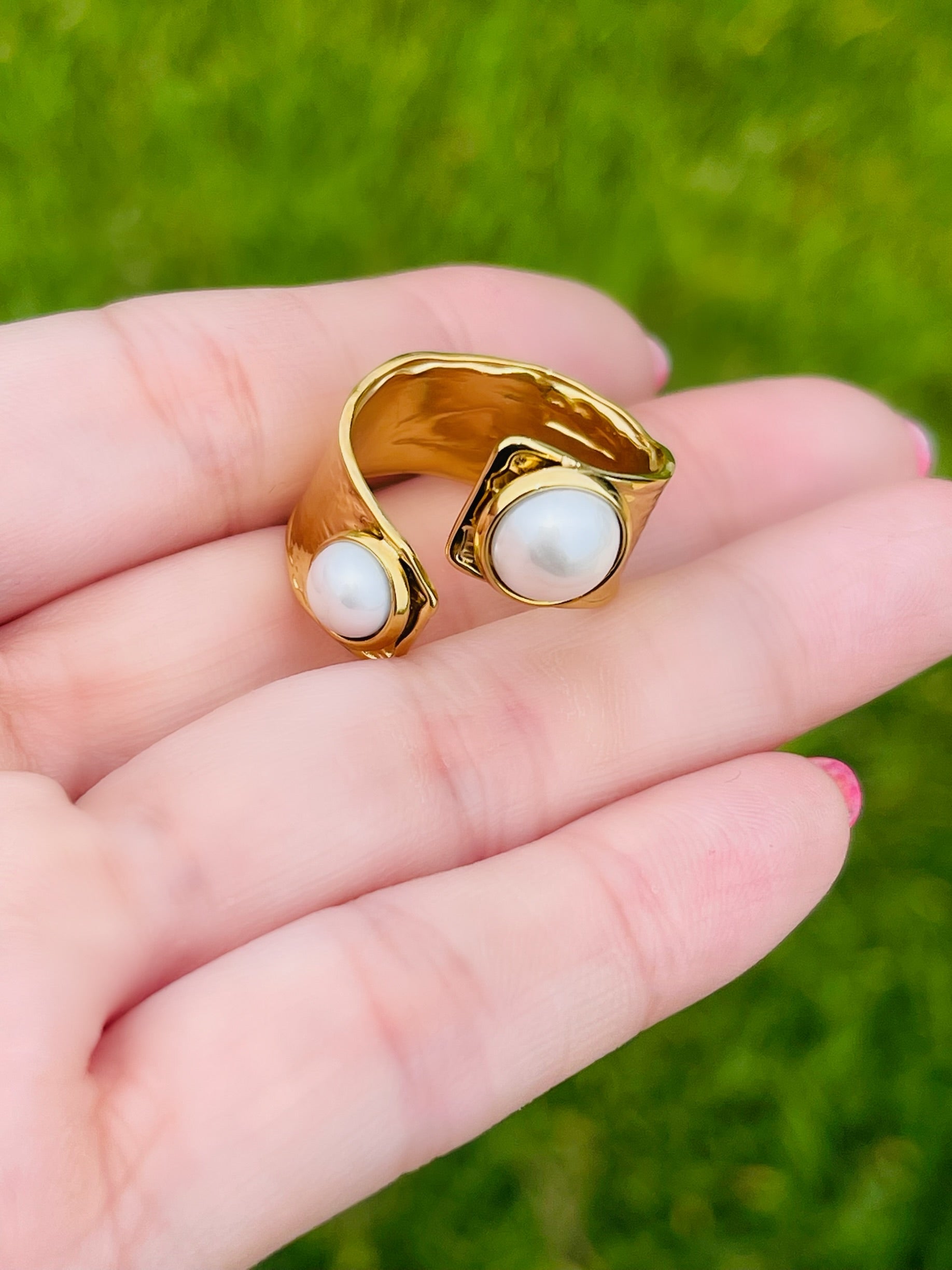 SS Double Pearl Cuff Ring